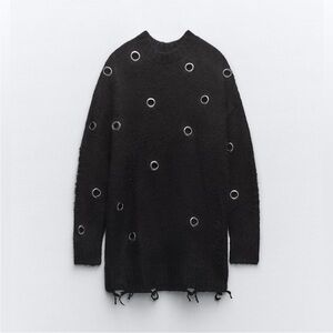 Zara Black Longline Distrsssed Grommet Sweater sz M